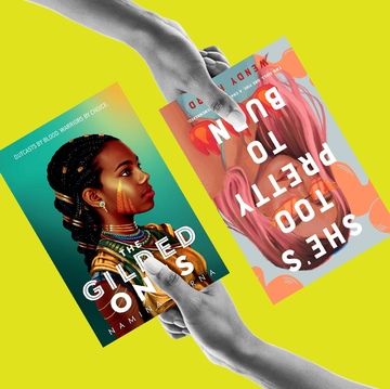 two hands, each holding books book 1 is she's too pretty to burn, by wendy heard book 2 is the gilded ones by namina forna two hands, each holding books book 1 is she's too pretty to burn, by wendy heard book 2 is the gilded ones by namina forna